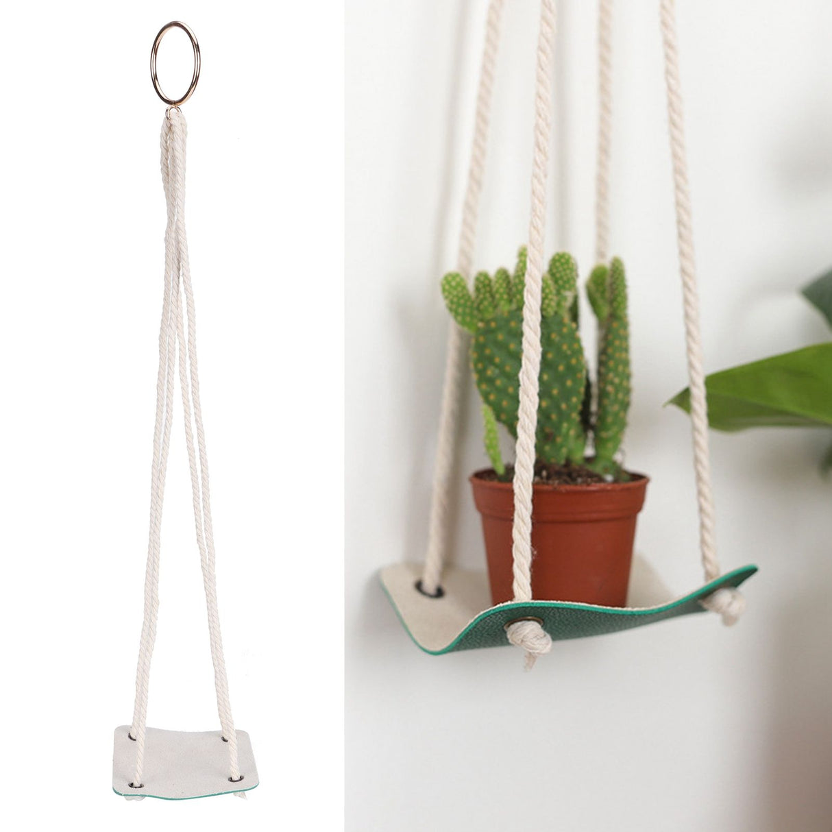 Planter Holder Flowerpot Hanging Rack Hanger with PU Leather Base Cotton Rope for GardeningGreen 10cm
