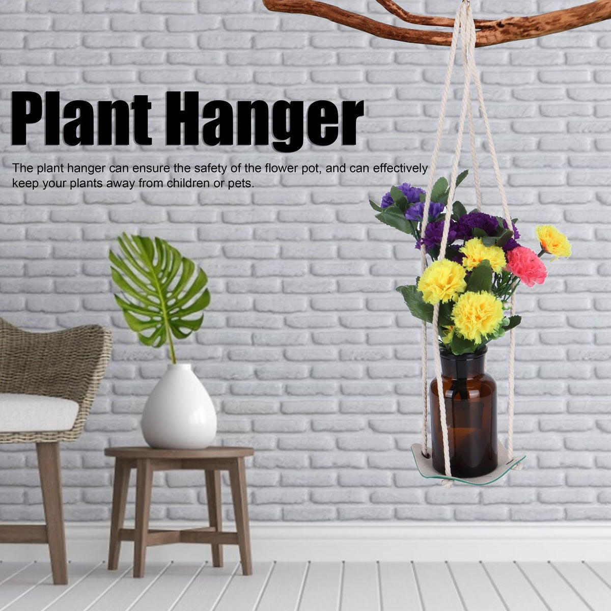 Planter Holder Flowerpot Hanging Rack Hanger with PU Leather Base Cotton Rope for GardeningGreen 10cm