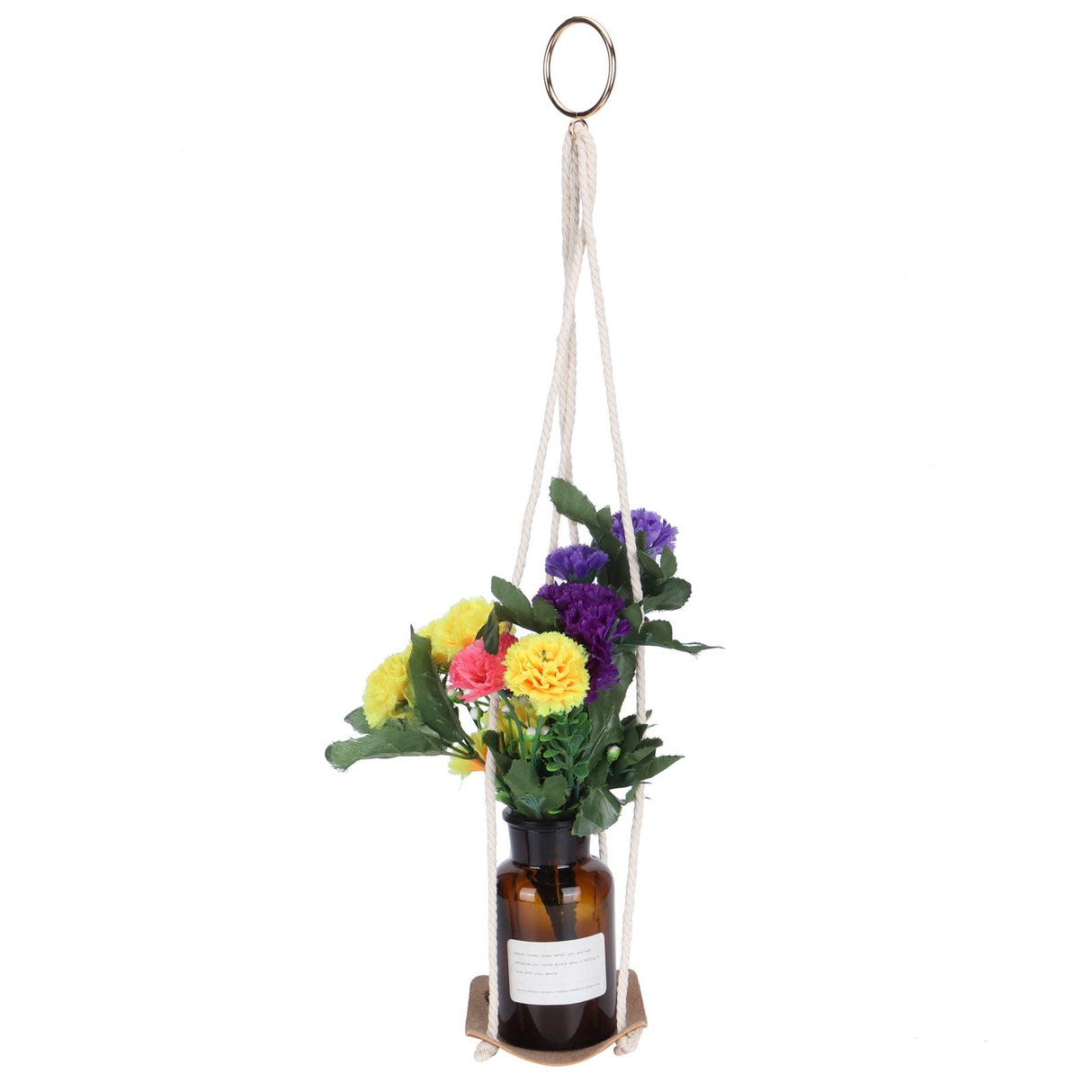 Planter Holder Flowerpot Hanging Rack Hanger with PU Leather Base Cotton Rope for GardeningYellow 10cm