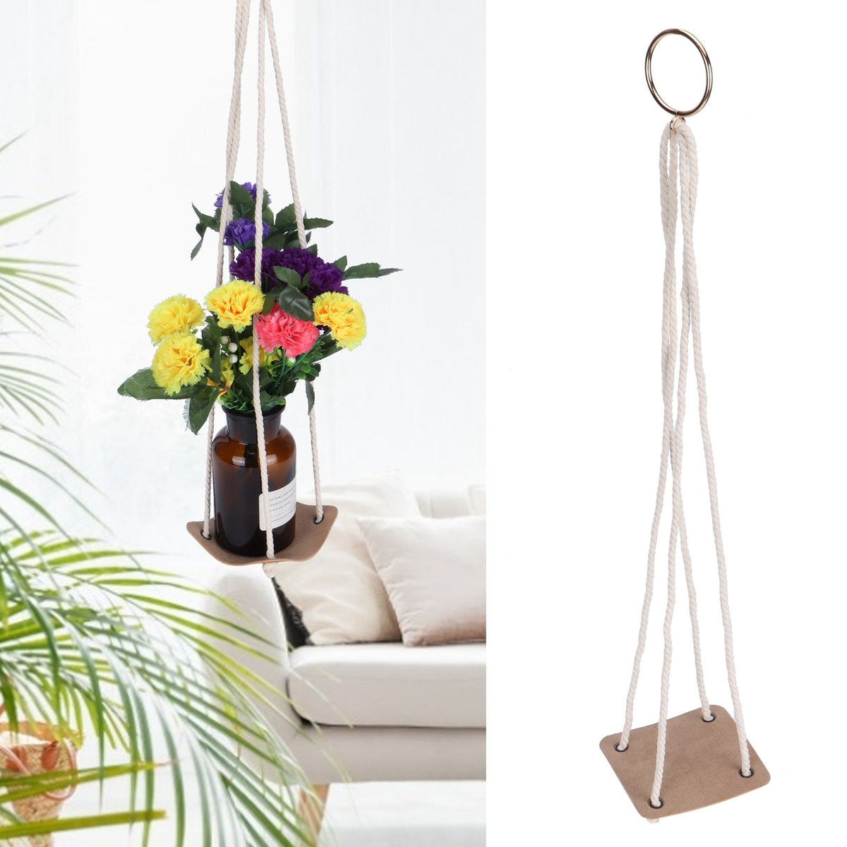 Planter Holder Flowerpot Hanging Rack Hanger with PU Leather Base Cotton Rope for GardeningYellow 10cm