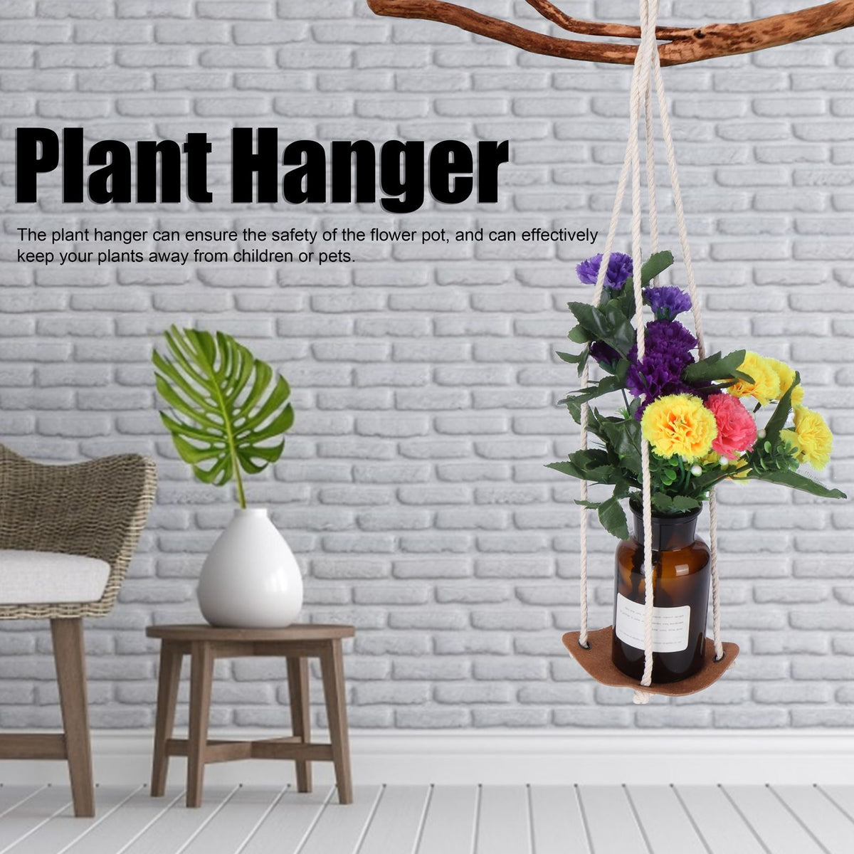 Planter Holder Flowerpot Hanging Rack Hanger with PU Leather Base Cotton Rope for GardeningYellow 10cm