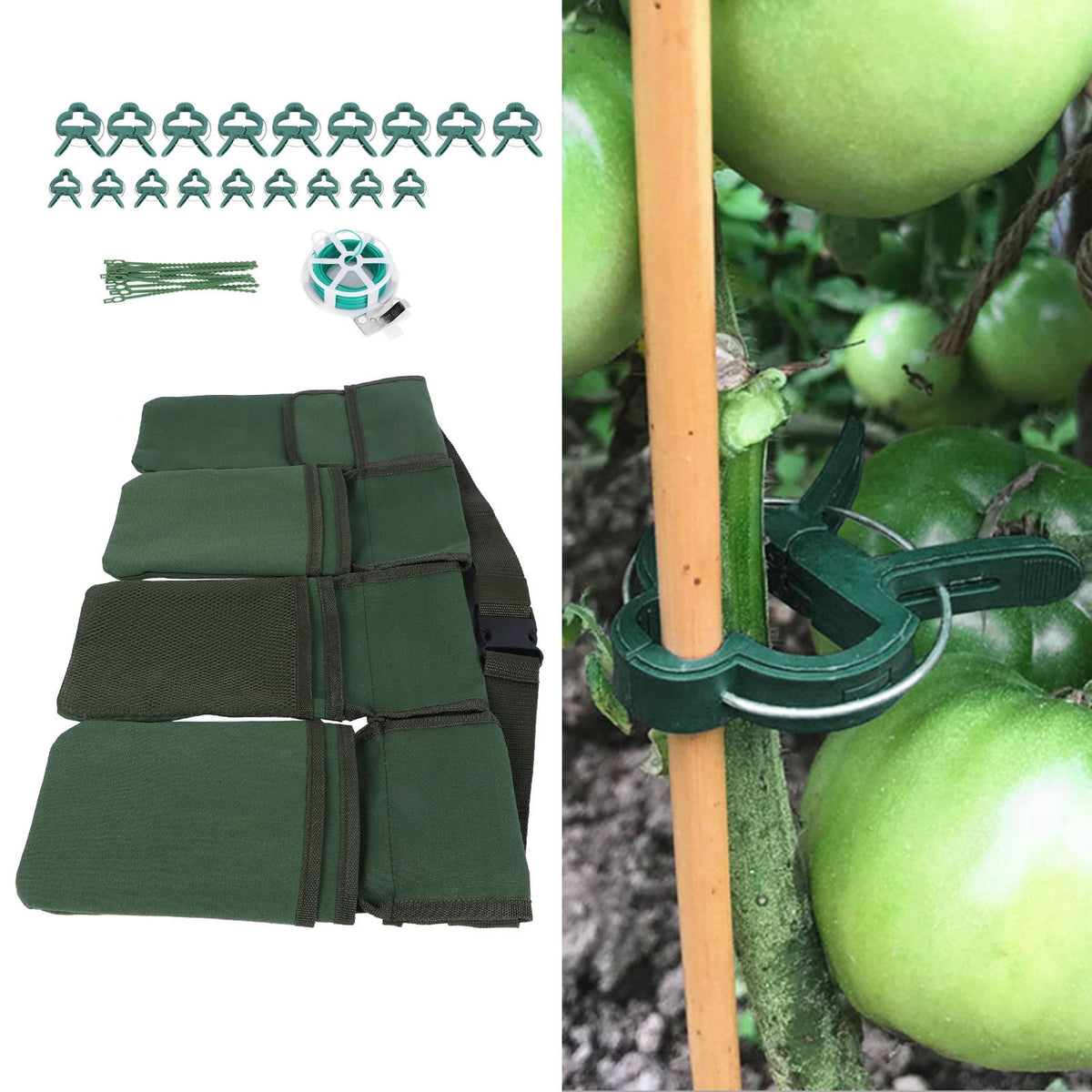 Gardening Tools Set Green Waist Bag Plant Support Clips Adjustable Cable Ties Kit