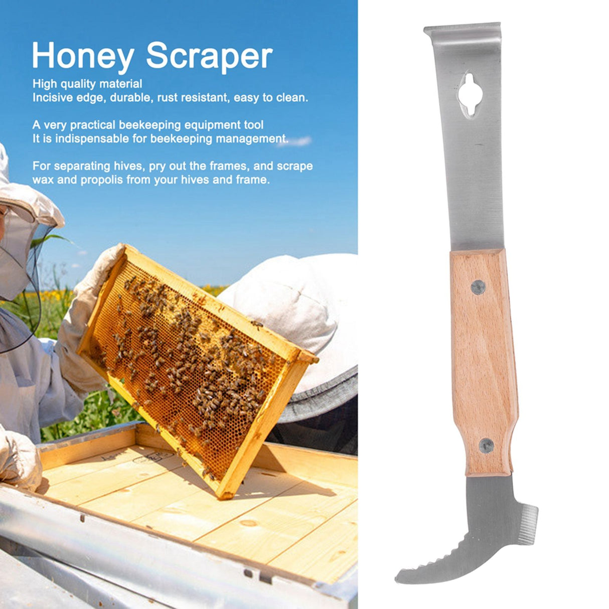 Honey Scraper Stainless Steel Beehive Honey Knife Cutter with Wood Handle Beekeeping Tool