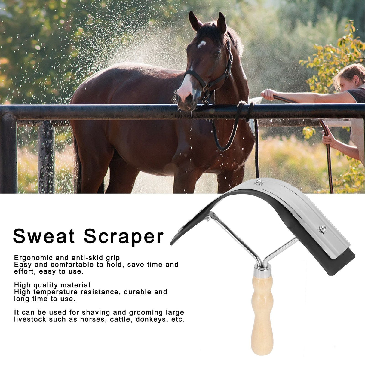 Horse Sweat Scraper with Wood Handle Non Slip Horse Cleaning Grooming Tool Farm Supplies