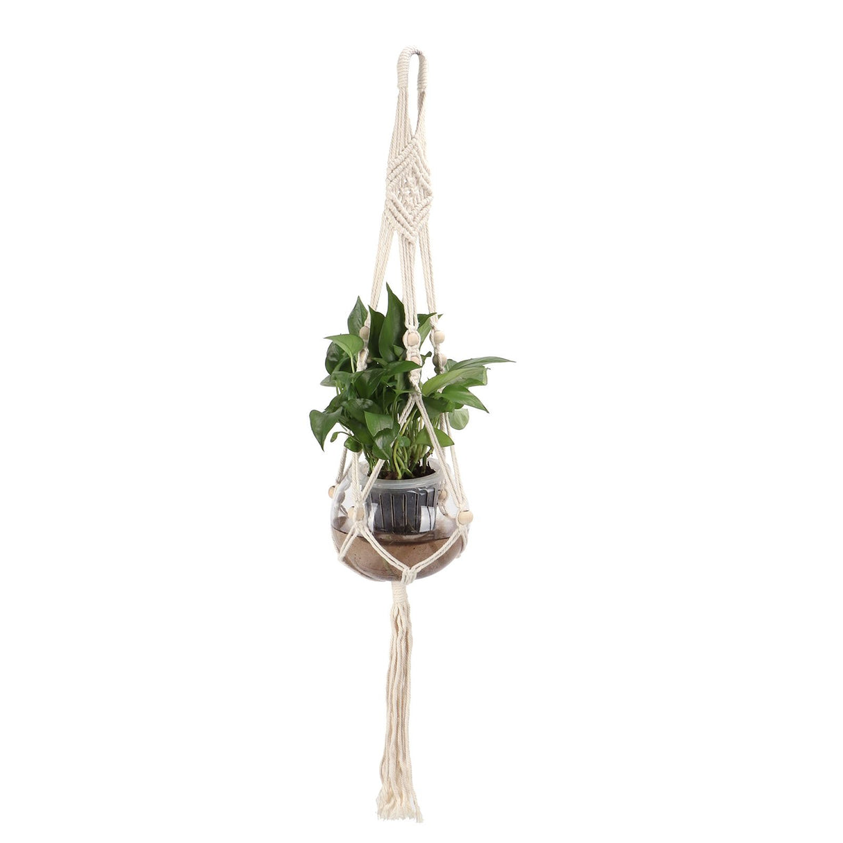 Cotton Rhombus Rope Pattern Plant Hanger with 12 Beads Hanging Flower Pot Holder for Home Decor