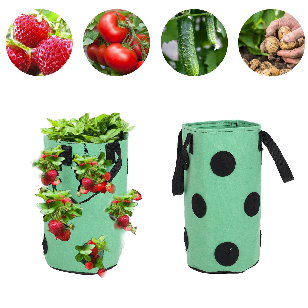 12 Holes Strawberry Planter Bag with Handles Portable Felt Plant Growing Bag for GardenGreen 20x35cm