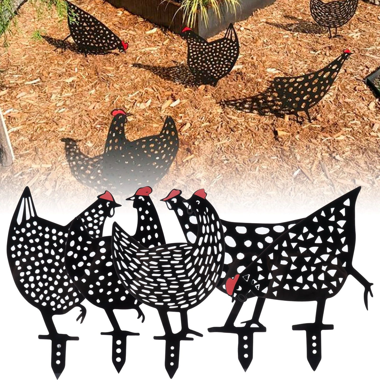 5Pcs Chicken Stakes Set Acrylic Animal Shape Statues Decoration for Garden Yard Black
