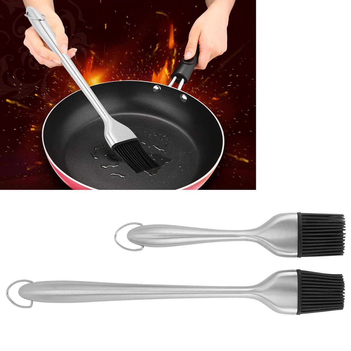 2Pcs/Set Stainless Steel Oil Brush with Food Grade Silicone Barbecue Baking Oil Brush for Home