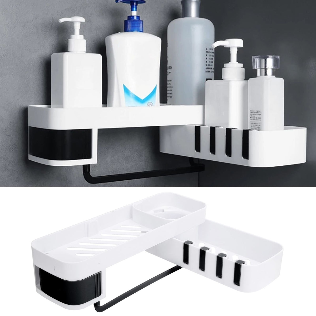 No Drilling Corner Shower Shelf Wall Mounted Bathroom Storage Rack with Towel Hook(White Black )