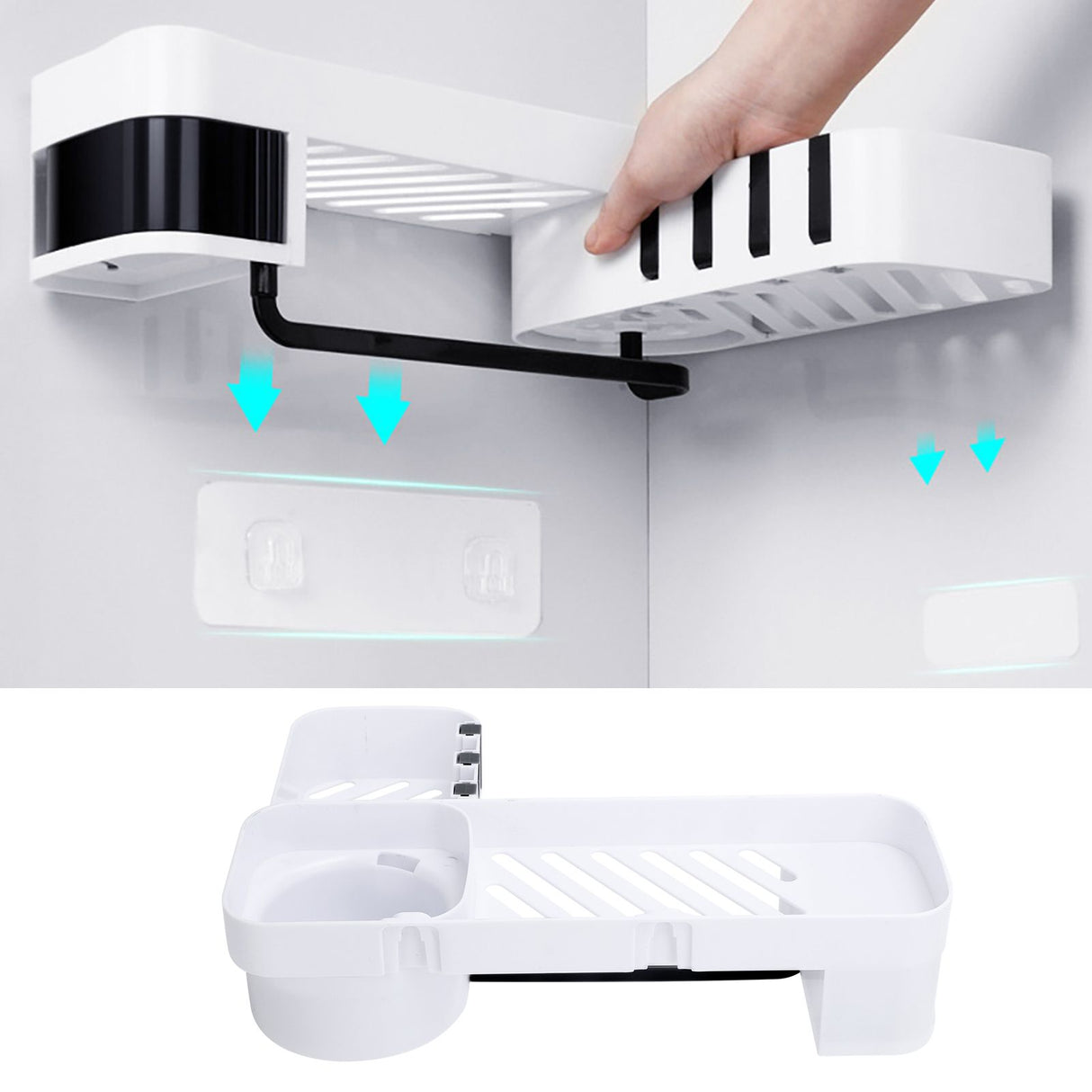 No Drilling Corner Shower Shelf Wall Mounted Bathroom Storage Rack with Towel Hook(White Black )