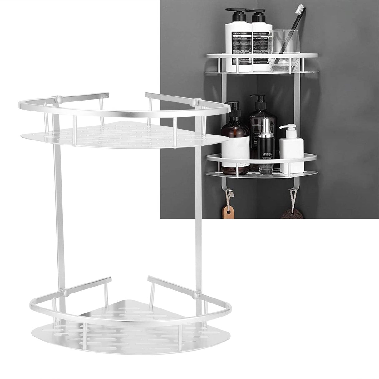 2 Layer Corner Shower Shelf Wall Mounted Aluminum Rack for Bathroom Kitchen Dormitory