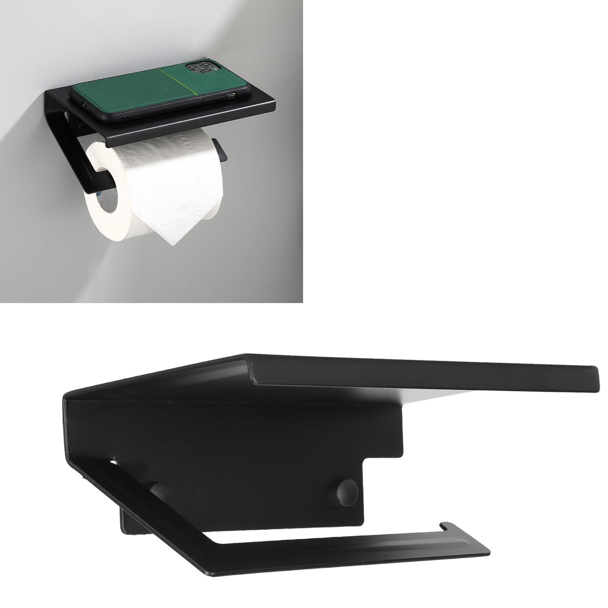Toilet Paper Rack Wall Mounted Paper Towel Stand with Phone Holder Bathroom Supplies Black