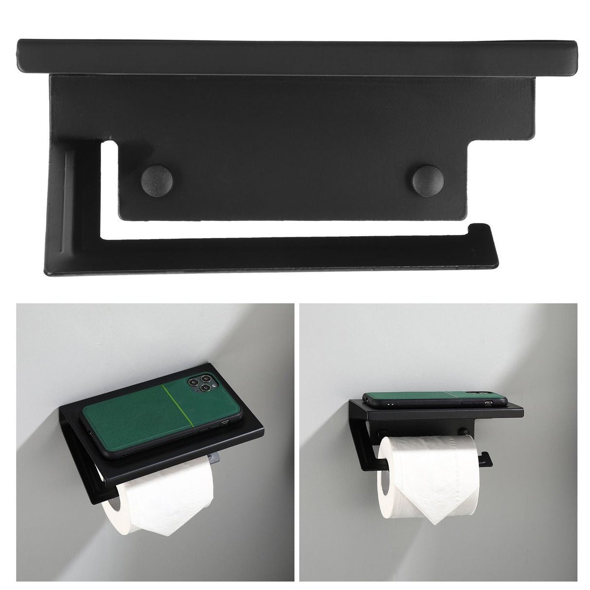 Toilet Paper Rack Wall Mounted Paper Towel Stand with Phone Holder Bathroom Supplies Black