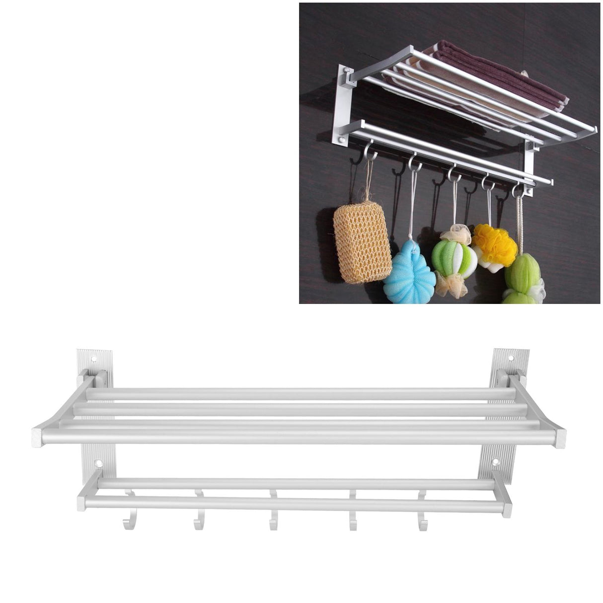 40cm Shower Shelf Foldable Aluminum Bathroom Towel Coat Rack with 5 Hooks Silver