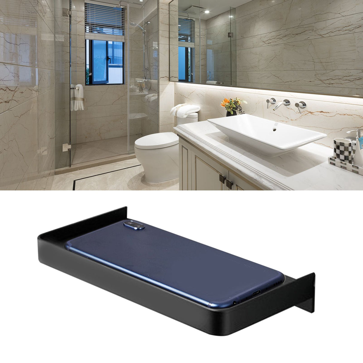 Bathroom Phone Holder Wall Mounted Thick Phone Storage Shelf Toilet Accessory 185x90mmBlack