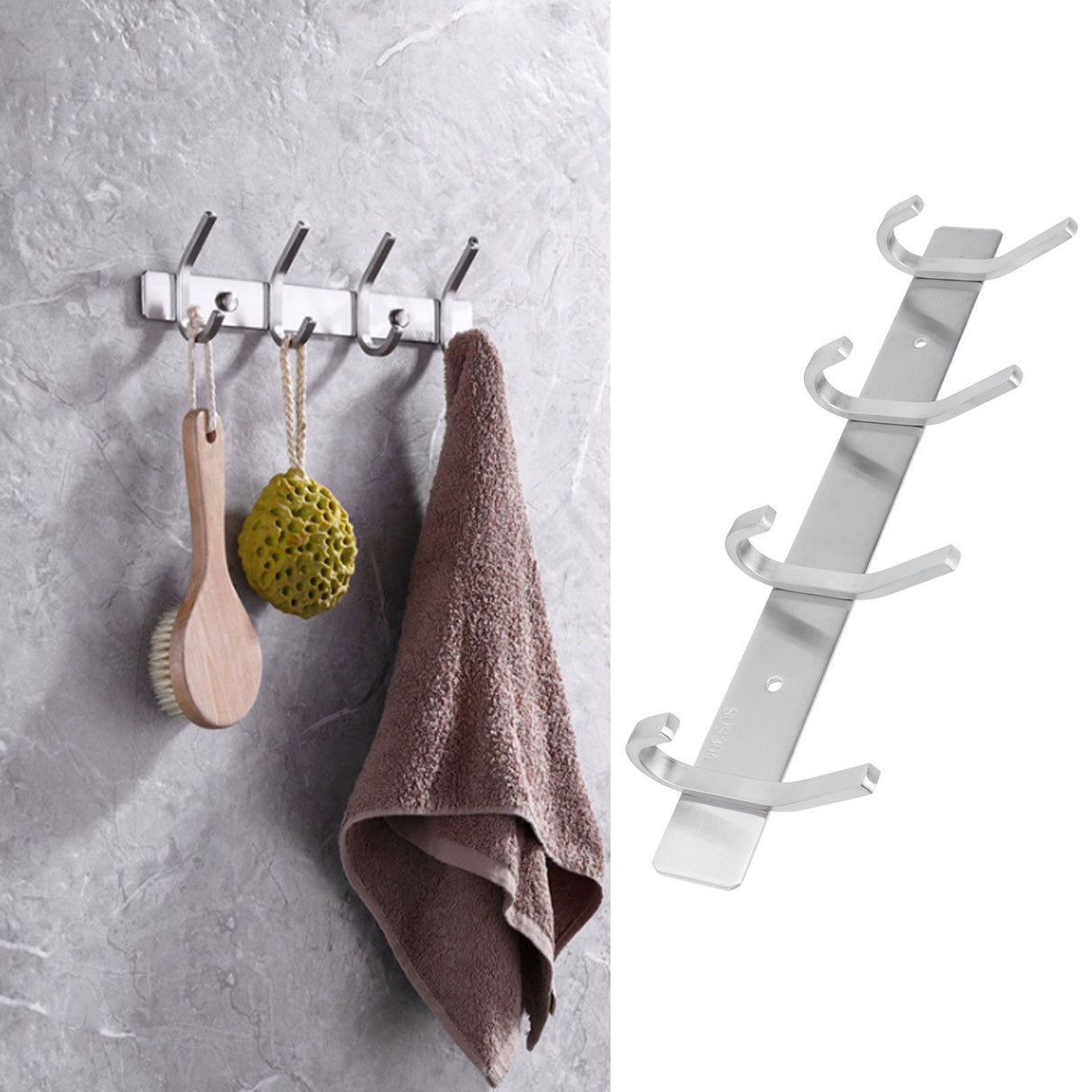 Stainless Steel Hook Wall Mounted Brushed Simple Style 4‑Hook Wall Hanger for Home Bathroom