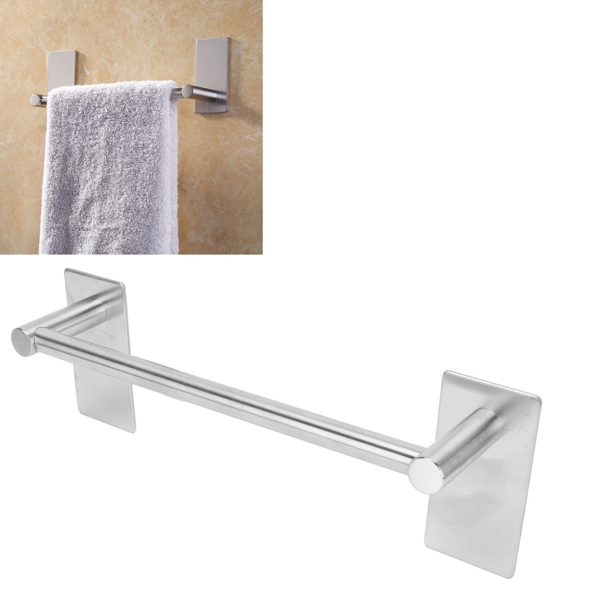 Stainless Steel Self‑Adhesive Towel Bar with Base Bathroom Kitchen Towel Rack for Home
