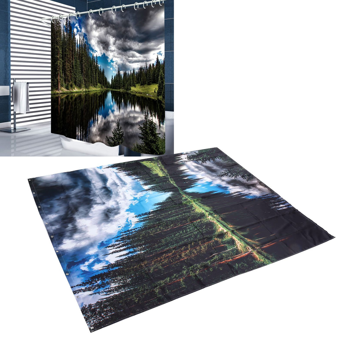 Shower Curtain Landscape Pattern Bath Curtain Set with Rings Home Bathroom Decoration150x180cm