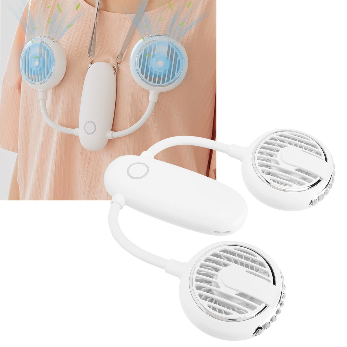 Dual‑Head USB Fan 360° Rotating Portable Neck‑Hanging Electric Fan for Outdoor TravelWhite