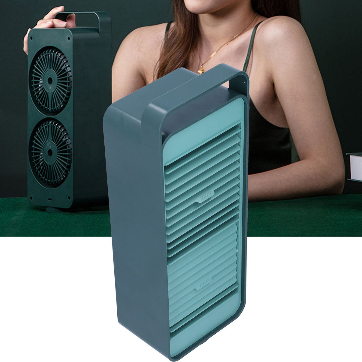 Double Fan Blade Rotating Fan USB Charging Desktop Electric Fan for Office Home DormitoryGreen