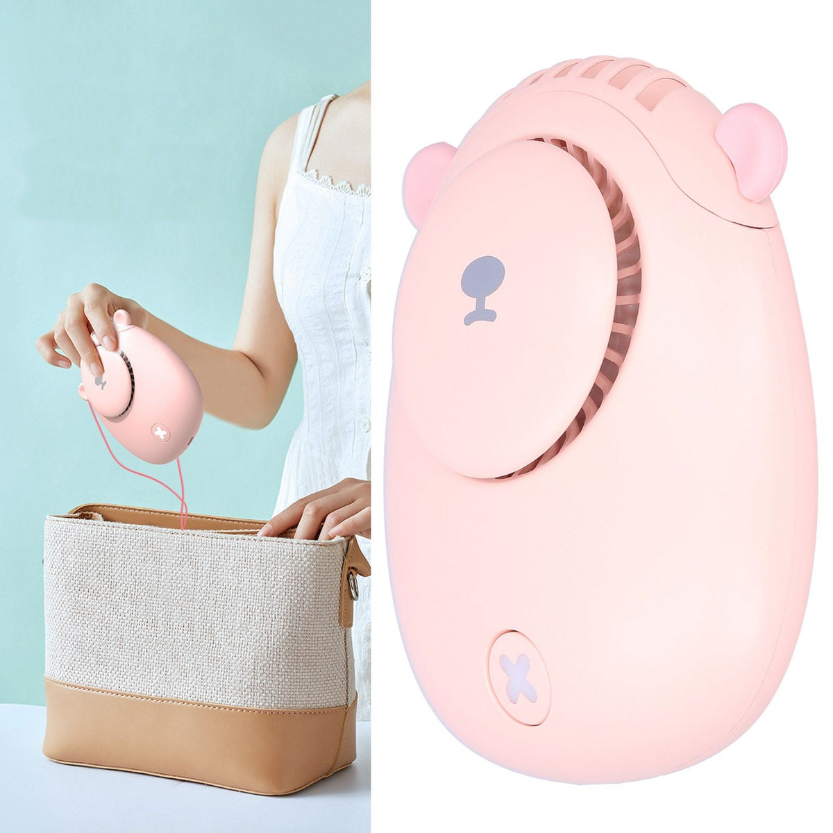 Electric Fan Hanging Neck Portable Mini Fan with 3‑Gear Wind Speed USB Charging for SummerPink