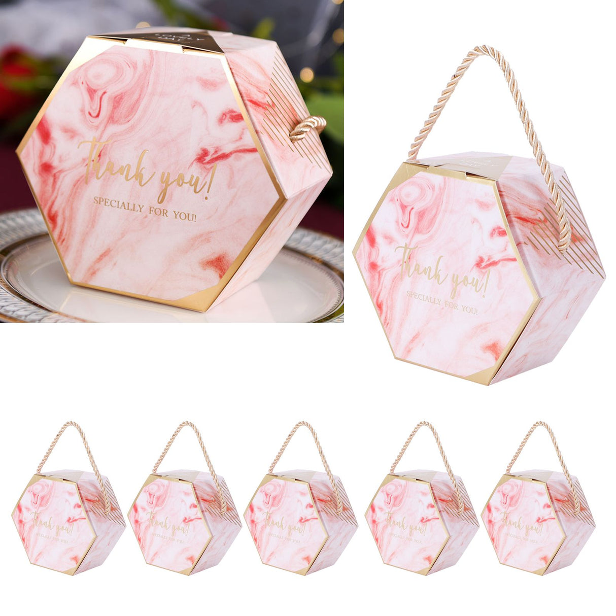 10 Set Candy Boxes Bags Hexagonal Chocolate Gift Boxes with Ropes for Wedding SuppliesPink