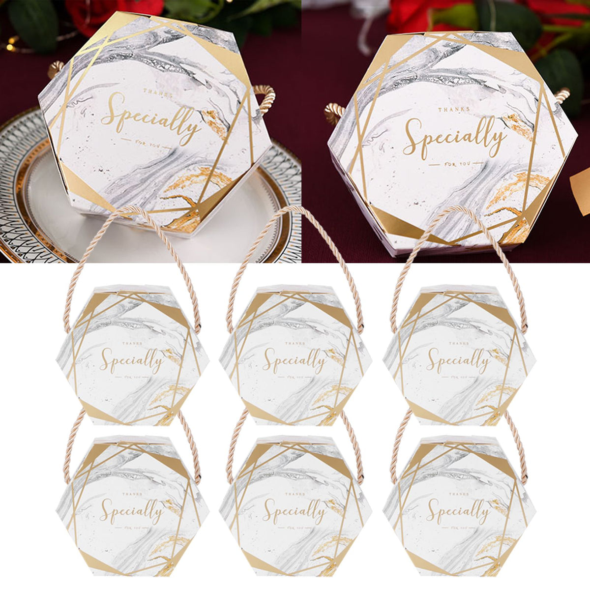 10 Set Candy Boxes Bags Hexagonal Chocolate Gift Boxes with Ropes for Wedding SuppliesMarble