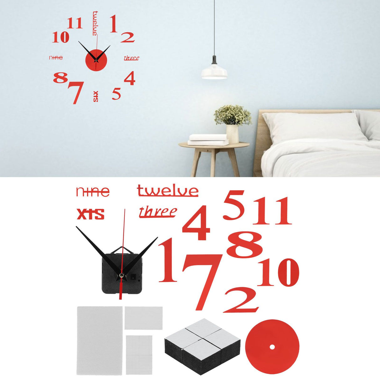 Modern DIY Digital Wall Clock Sticker Decals for Home Living Room Office DecorationRed