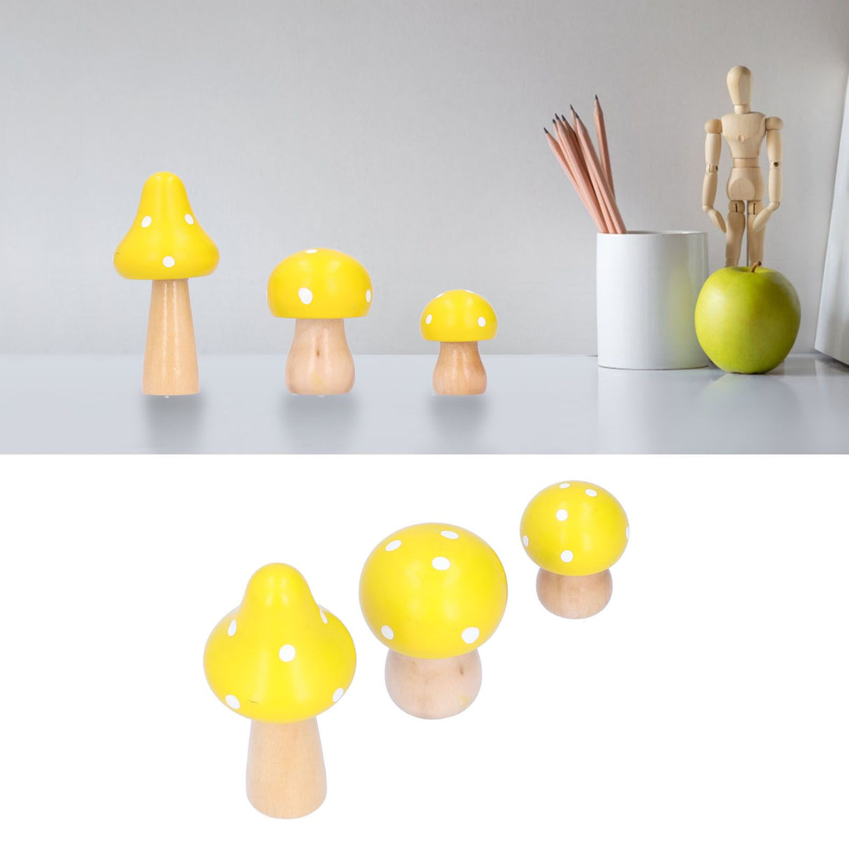 3Pcs/Set Mushroom Crafts Innovative Cute Wooden Ornaments Home Office Desktop DecorationYellow
