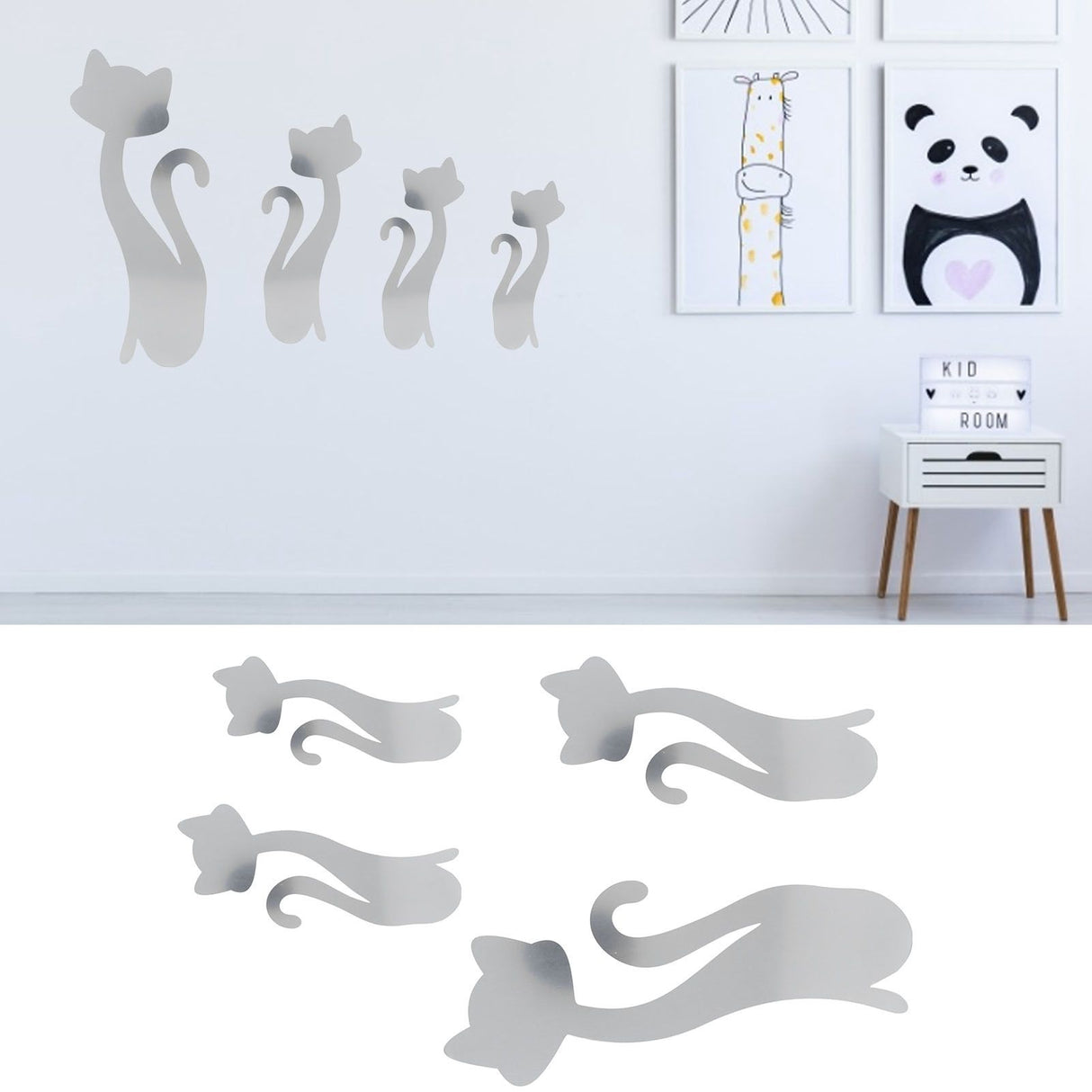 Cat Shape Mirror Wall Stickers Home Living Room Bedroom DIY Wall Art DecorationsSilver