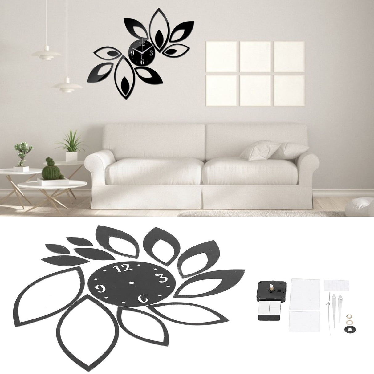 DIY Mirror Wall Clock Stickers Modern Decor for Home Living Room Background StickerBlack