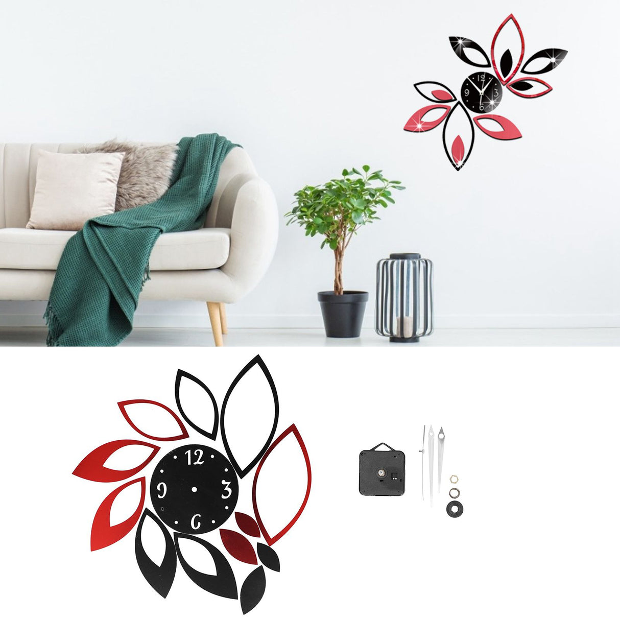 DIY Mirror Wall Clock Stickers Modern Decor for Home Living Room Background Sticker(Noir rouge )