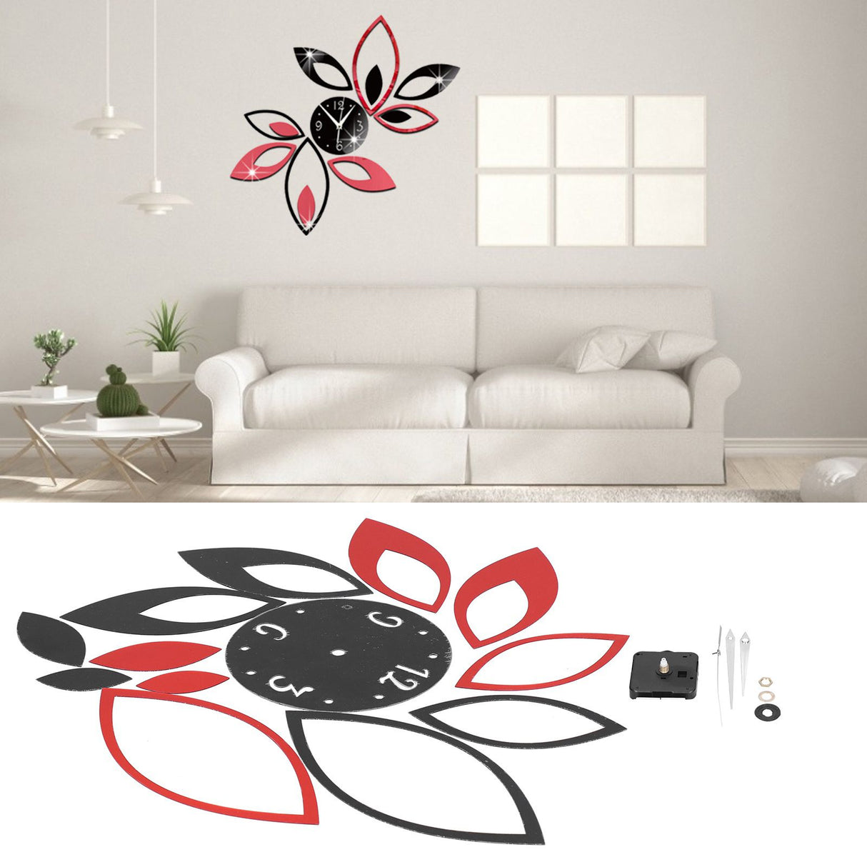 DIY Mirror Wall Clock Stickers Modern Decor for Home Living Room Background Sticker(Noir rouge )
