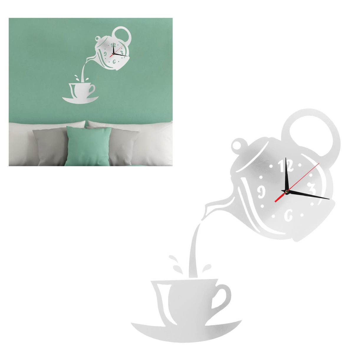 DIY Wall Clock Mirror Surface Sticker TeapotShaped Decals for Living Room Bedroom(Silver )