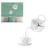 DIY Wall Clock Mirror Surface Sticker TeapotShaped Decals for Living Room Bedroom(Silver )