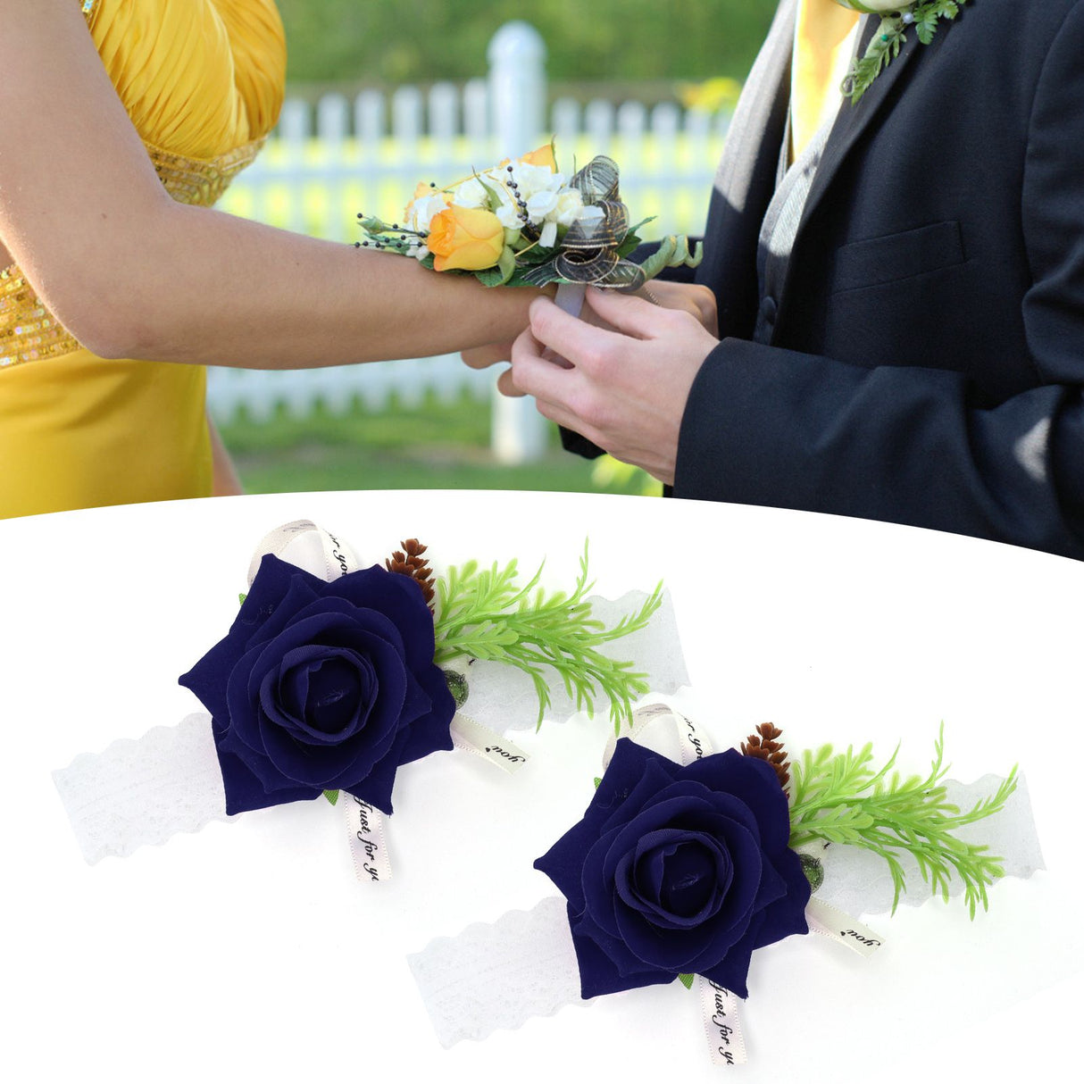 2Pcs Bridesmaid Silk Wrist Flower Bridal Corsage Wedding Ceremony Decoration SupplySapphire Blue