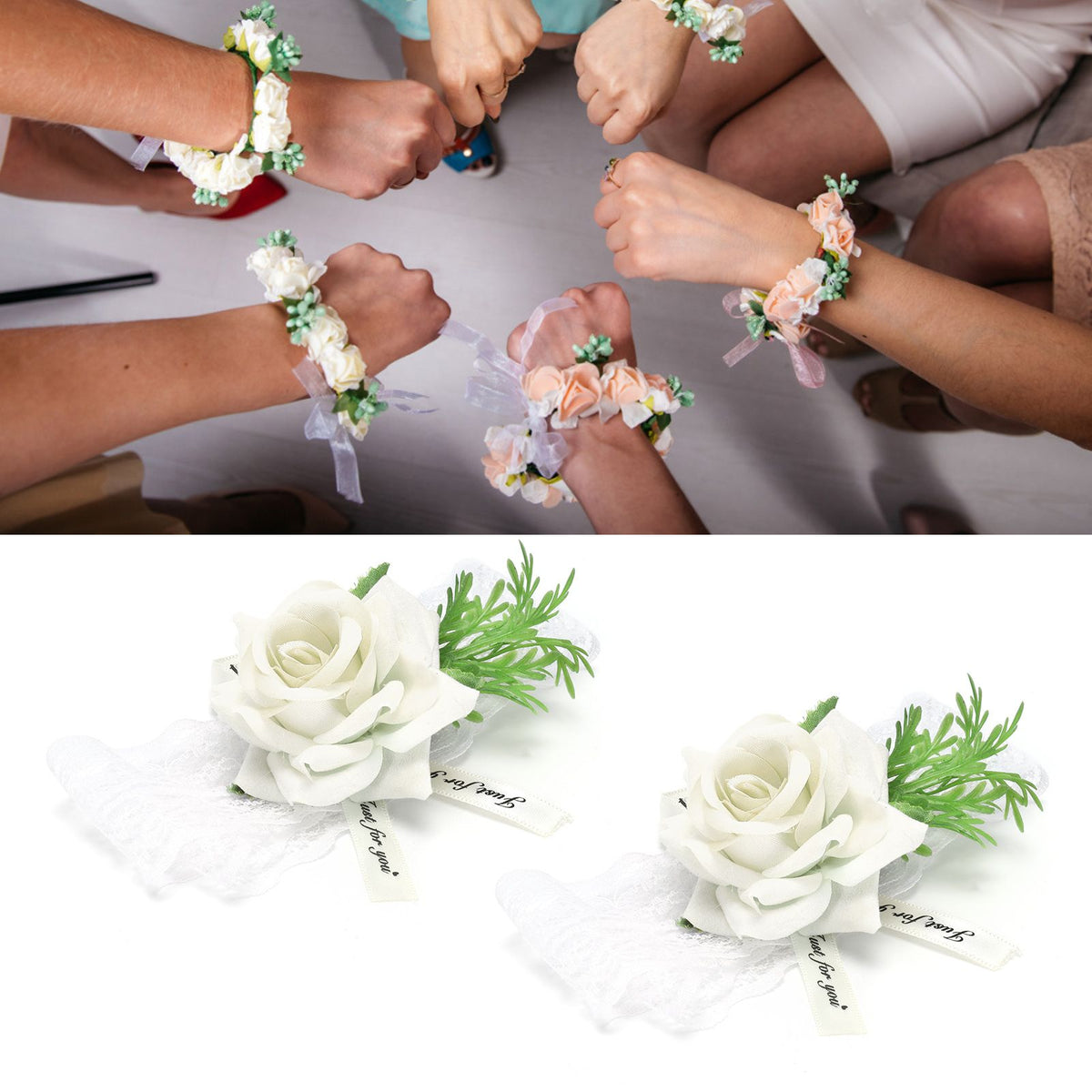 2Pcs Bridesmaid Silk Wrist Flower Bridal Corsage Wedding Ceremony Decoration SupplyWhite