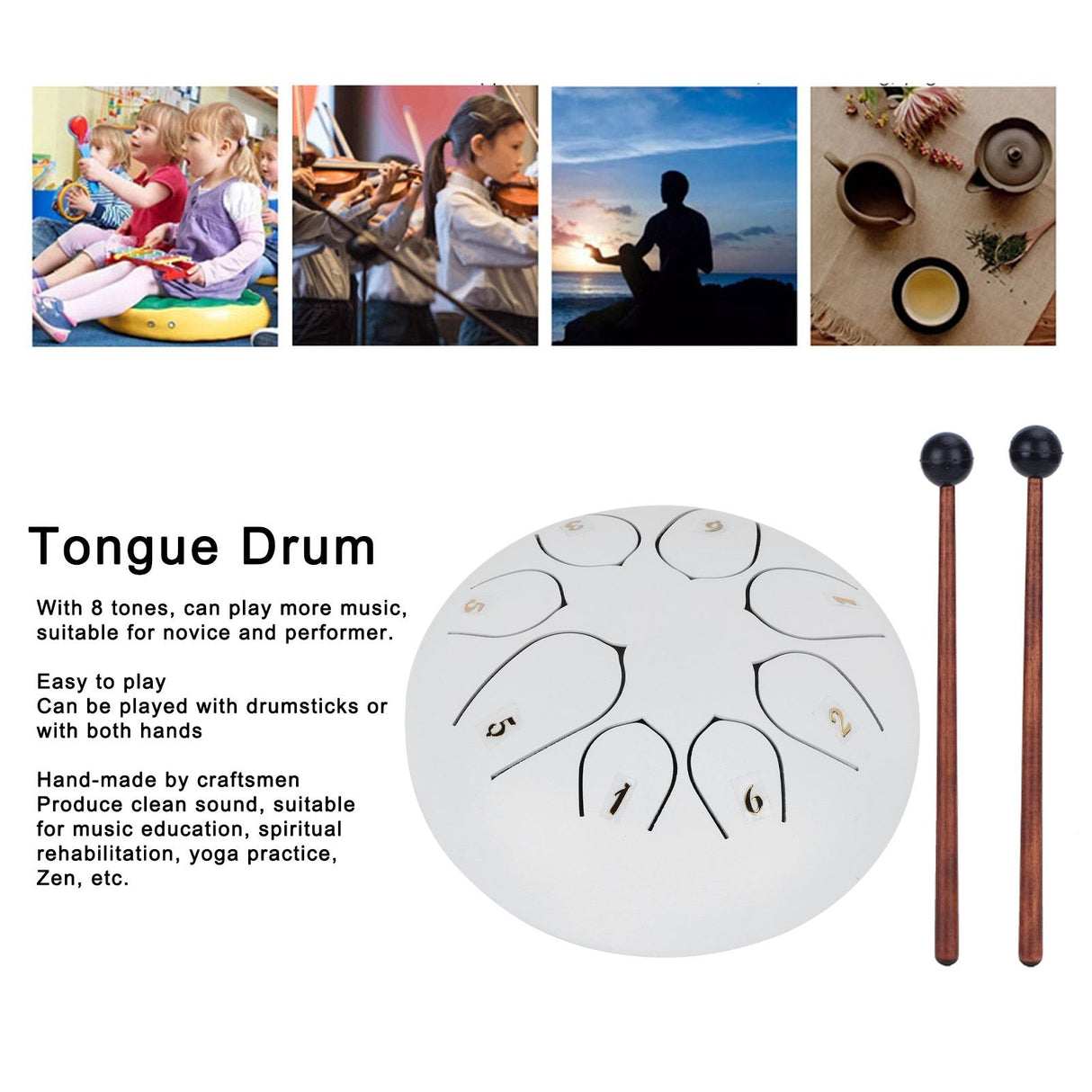 6in Tongue Drum 8‑Tones Ethereal Hand Pan Drums with Drumstick Percussion InstrumentWhite