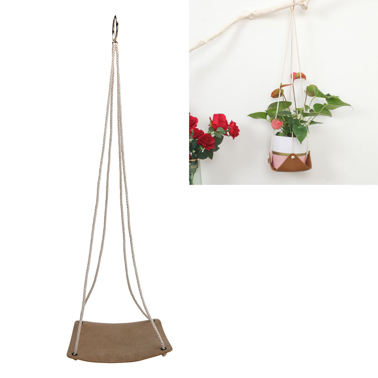 Hanging Planter Holder PU Leather Base Cotton Rope Net Flowerpot Hanging Basket for GardeningYellow 10cm