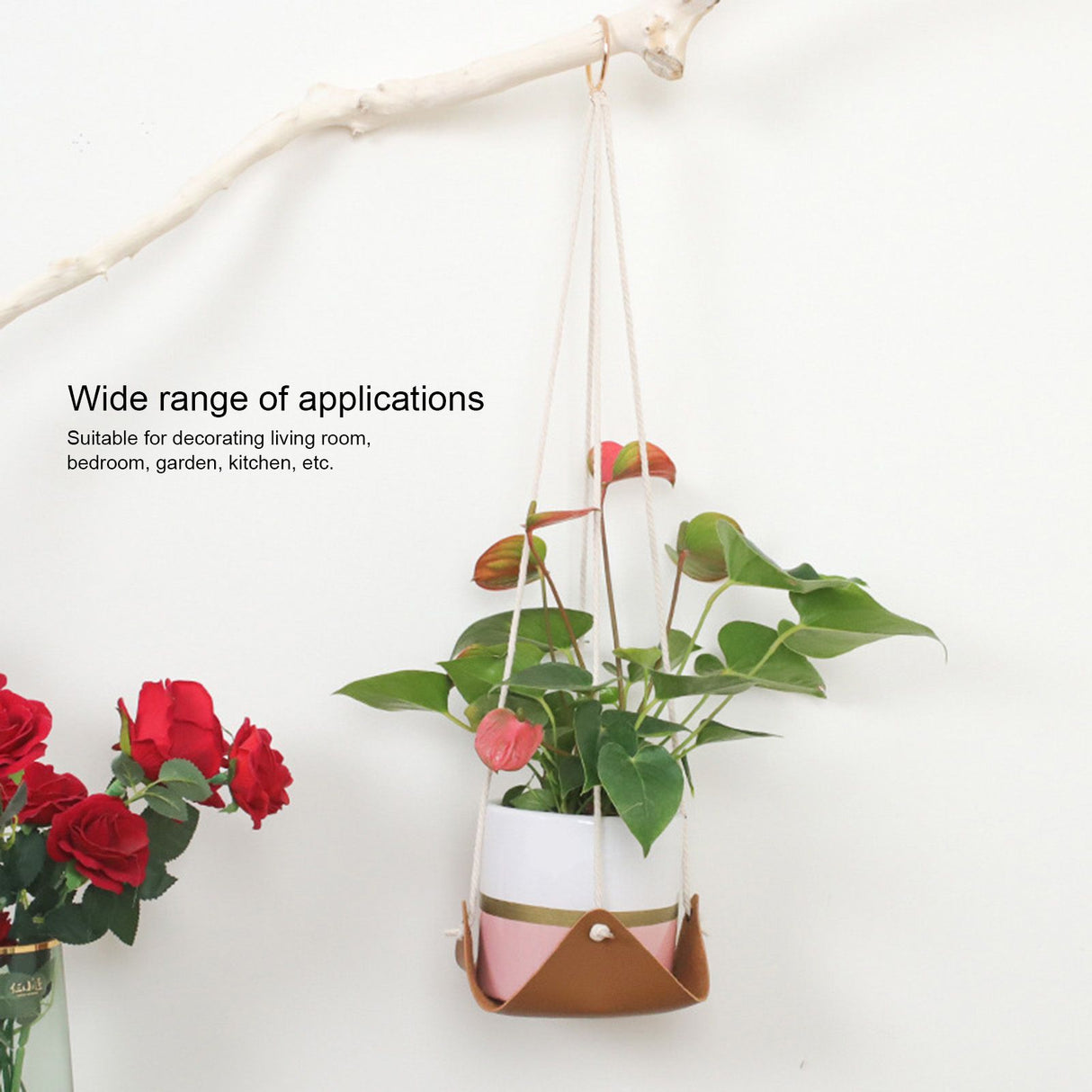 Hanging Planter Holder PU Leather Base Cotton Rope Net Flowerpot Hanging Basket for GardeningYellow 10cm