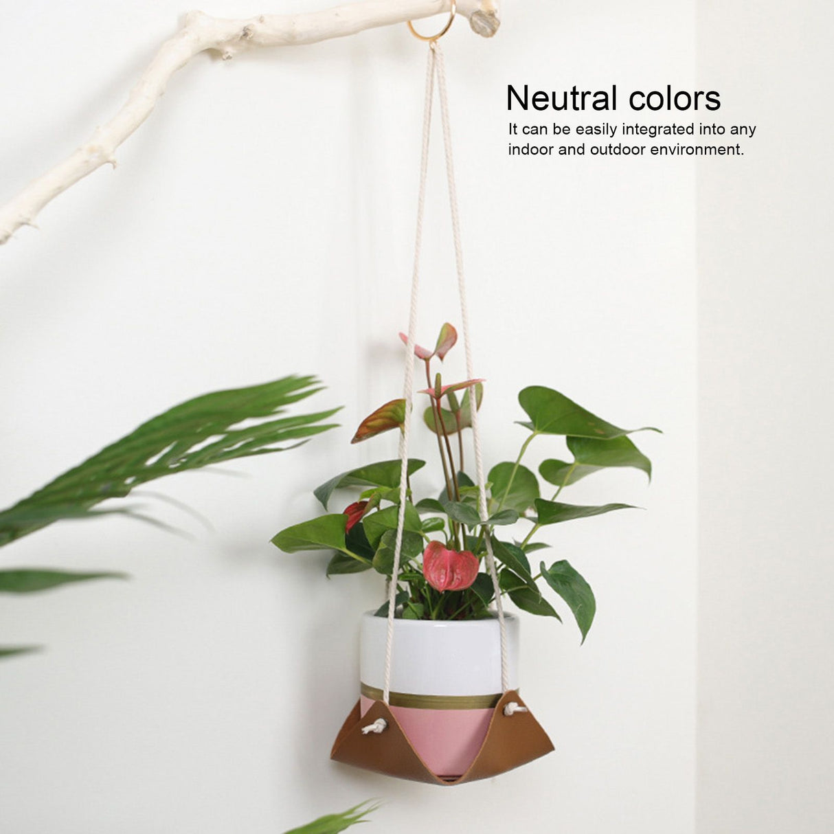 Hanging Planter Holder PU Leather Base Cotton Rope Net Flowerpot Hanging Basket for GardeningYellow 10cm