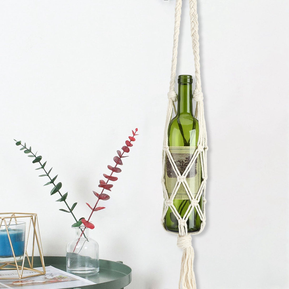 Wine Bottle Holder Bohemian Style Hand Knitting Cotton Rope Bottles Storage Hanging BagBeige