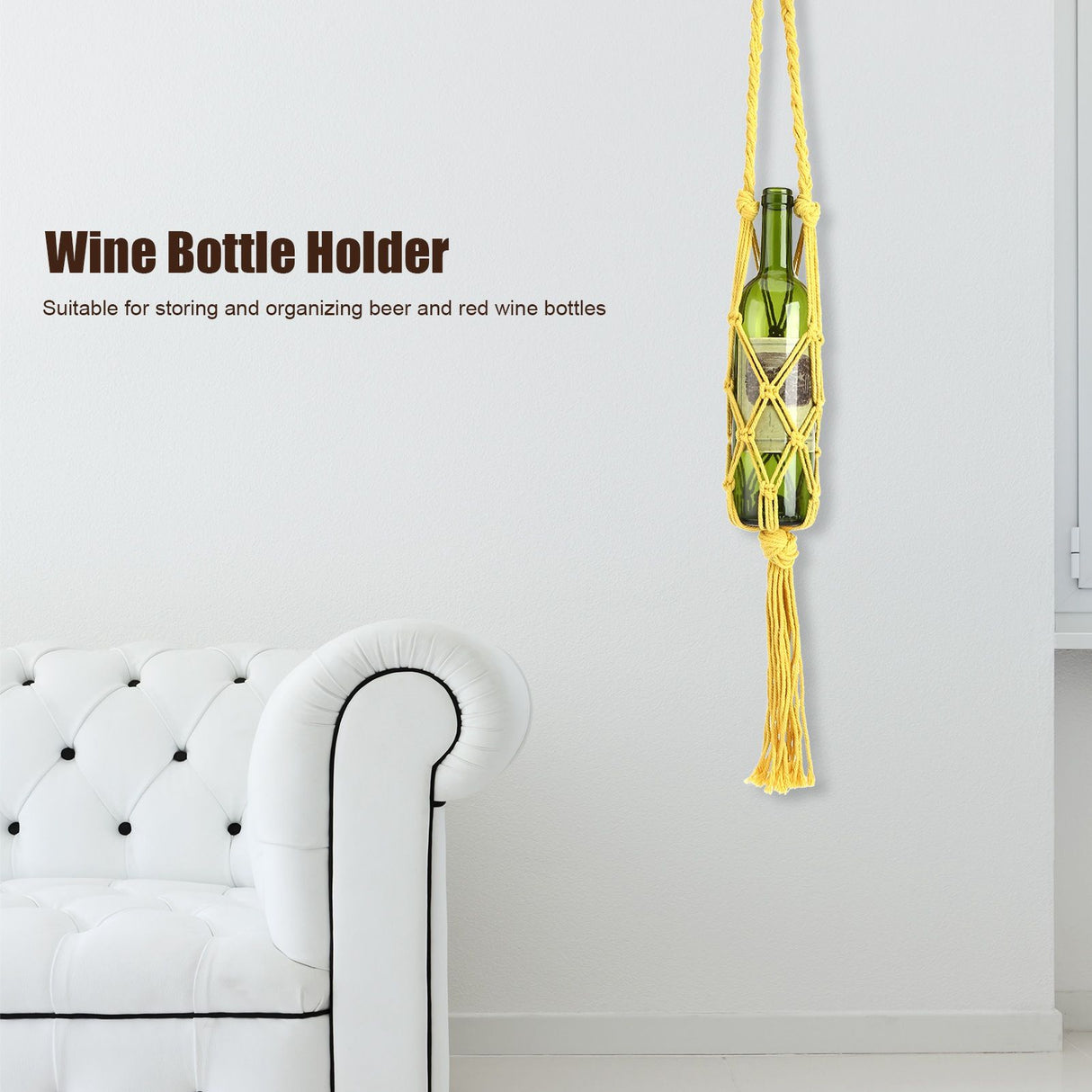 Wine Bottle Holder Bohemian Style Hand Knitting Cotton Rope Bottles Storage Hanging BagYellow