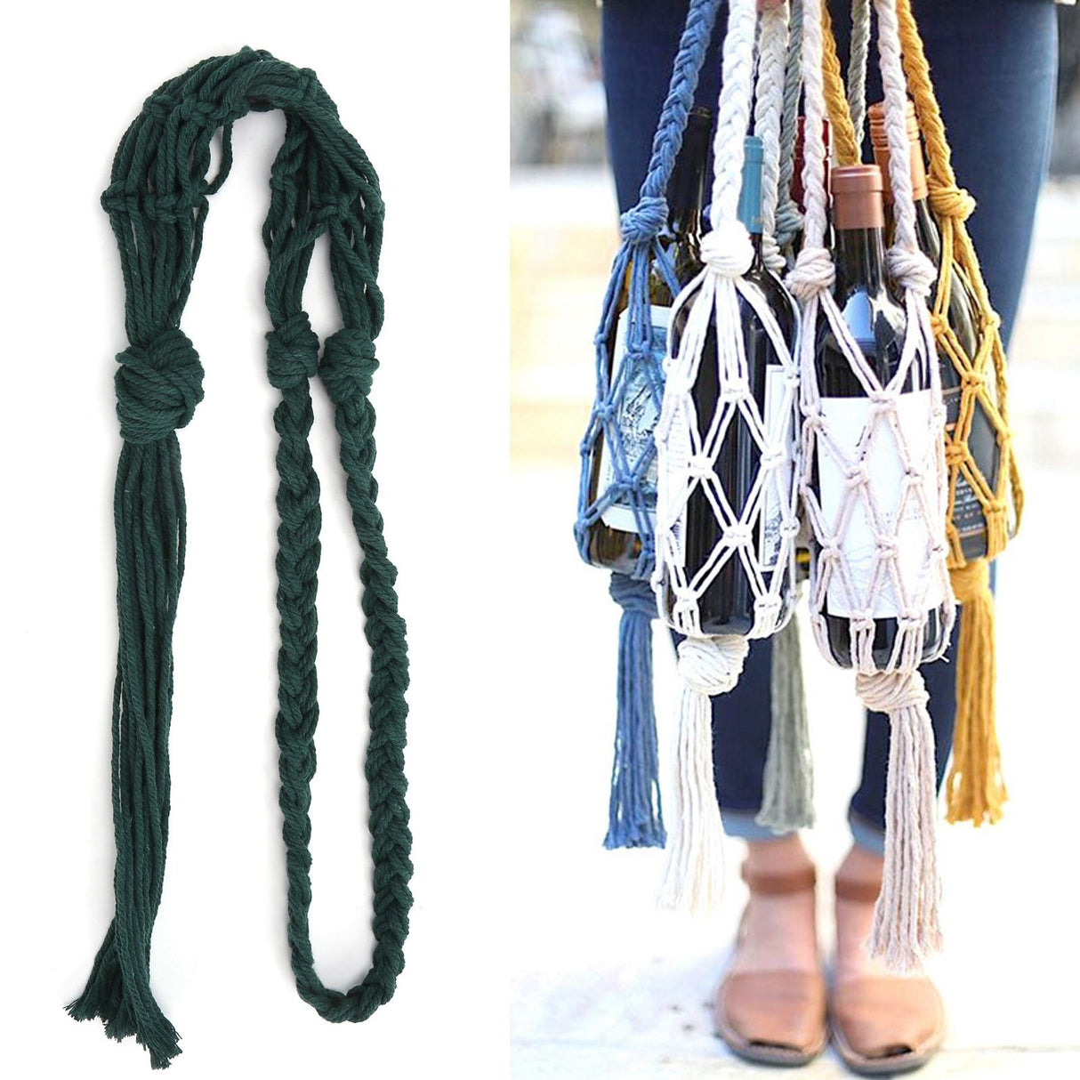 Wine Bottle Holder Bohemian Style Hand Knitting Cotton Rope Bottles Storage Hanging BagDark Green