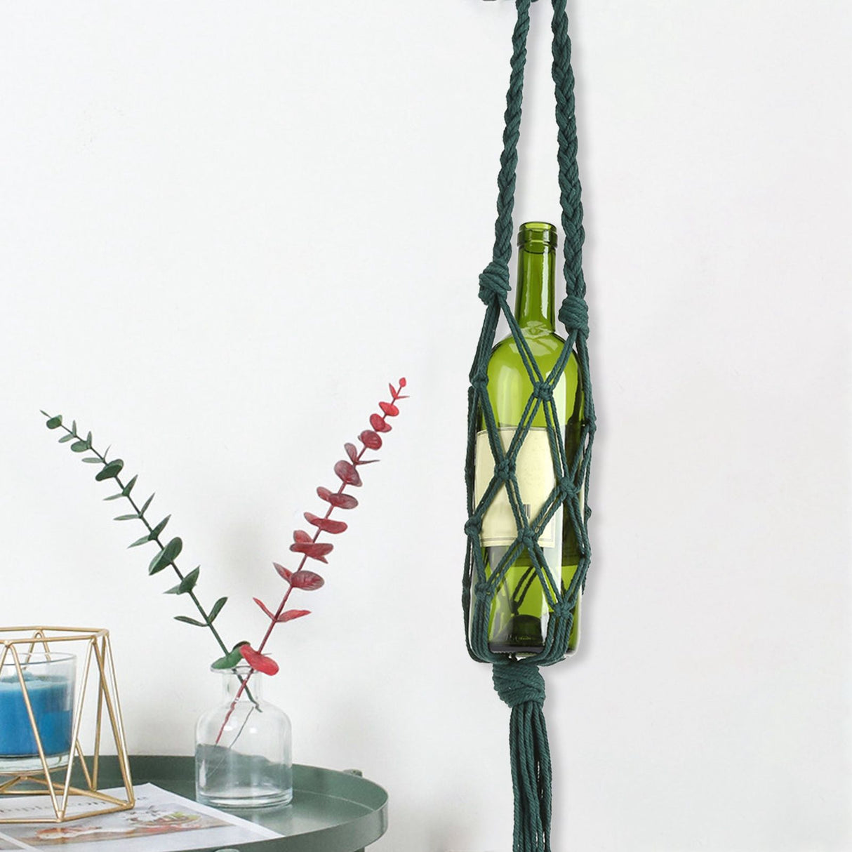 Wine Bottle Holder Bohemian Style Hand Knitting Cotton Rope Bottles Storage Hanging BagDark Green