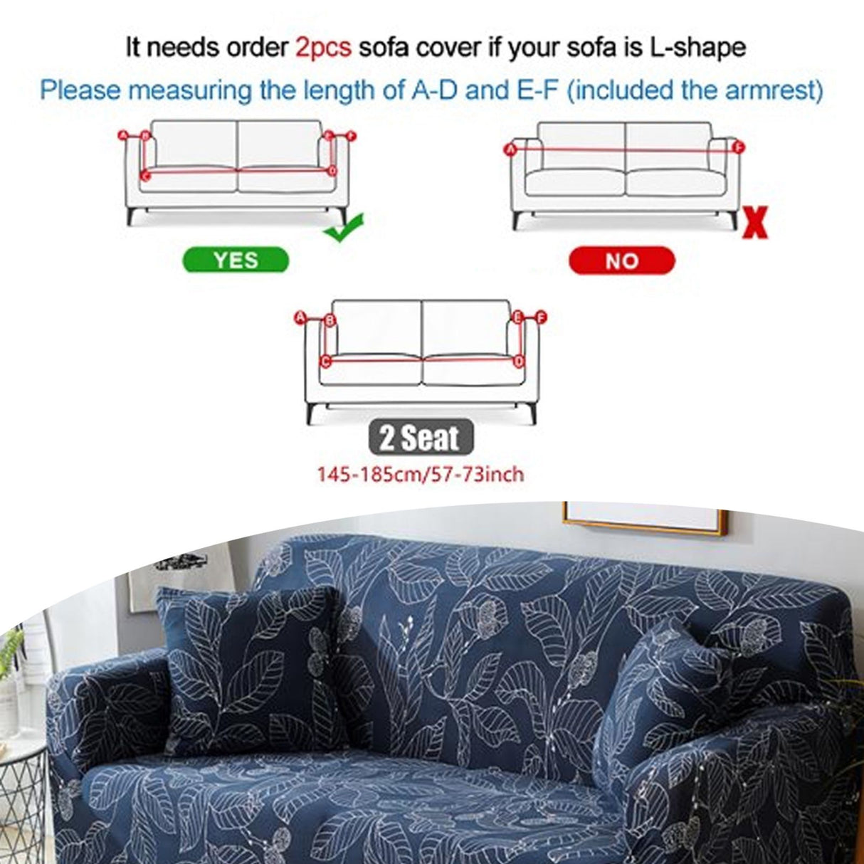 Blue Leaves Soft Elastic Sofa Cover Washable Sofa Slipcover Furniture Protector for Home2 Seater