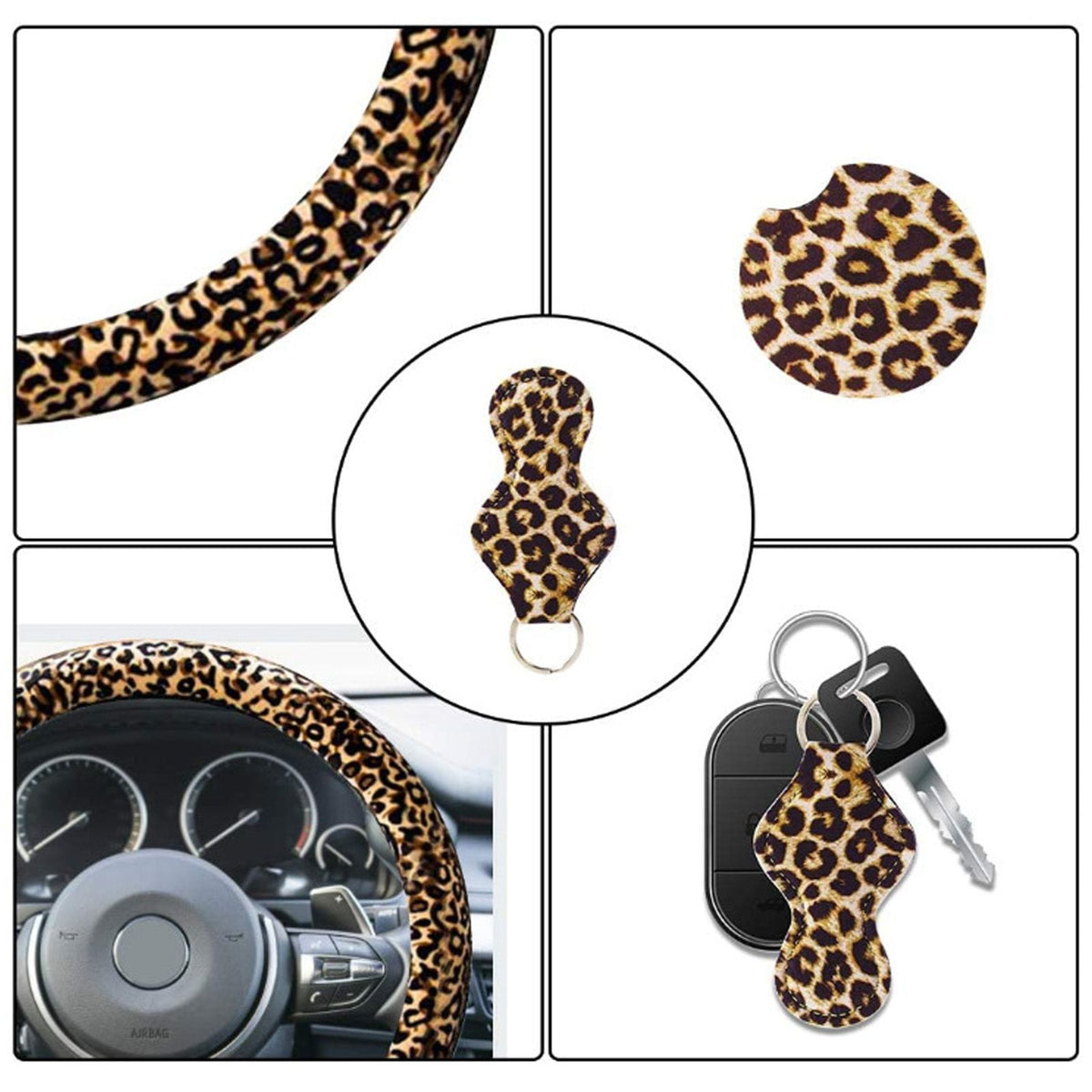 4PCS Universal Steering Wheel Cover Cup Holder Coasters Keyring Set Car Accessories Set