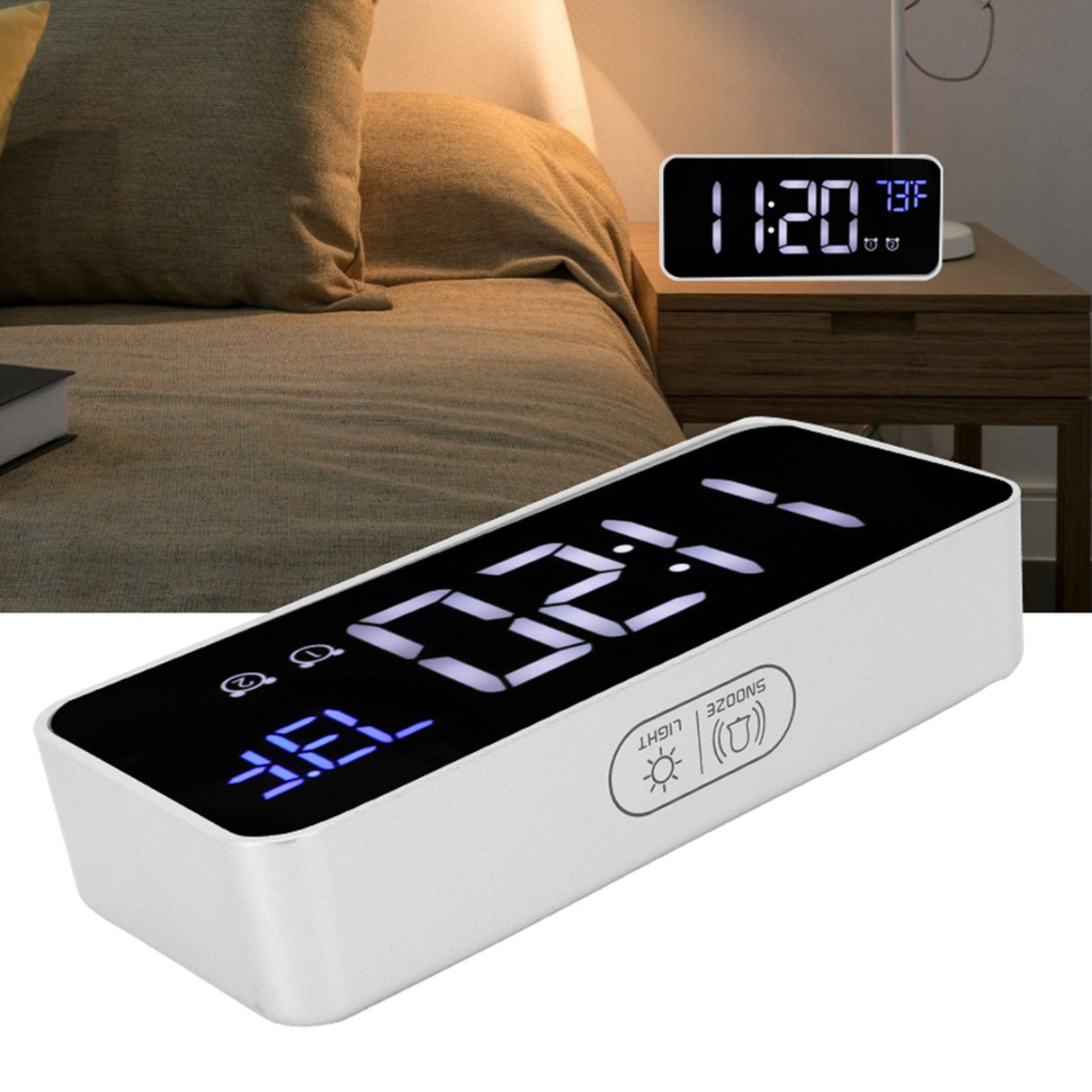 LED Digital Alarm Clock Thermometer with Snooze USB Charging Bedroom Office DecorationSilver