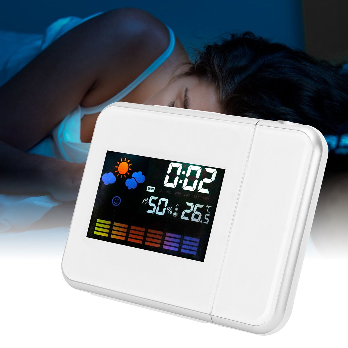 Indoor Projection LED Clock Thermometer Hygrometer Weather Forecast Snooze Perpetual CalendarWhite