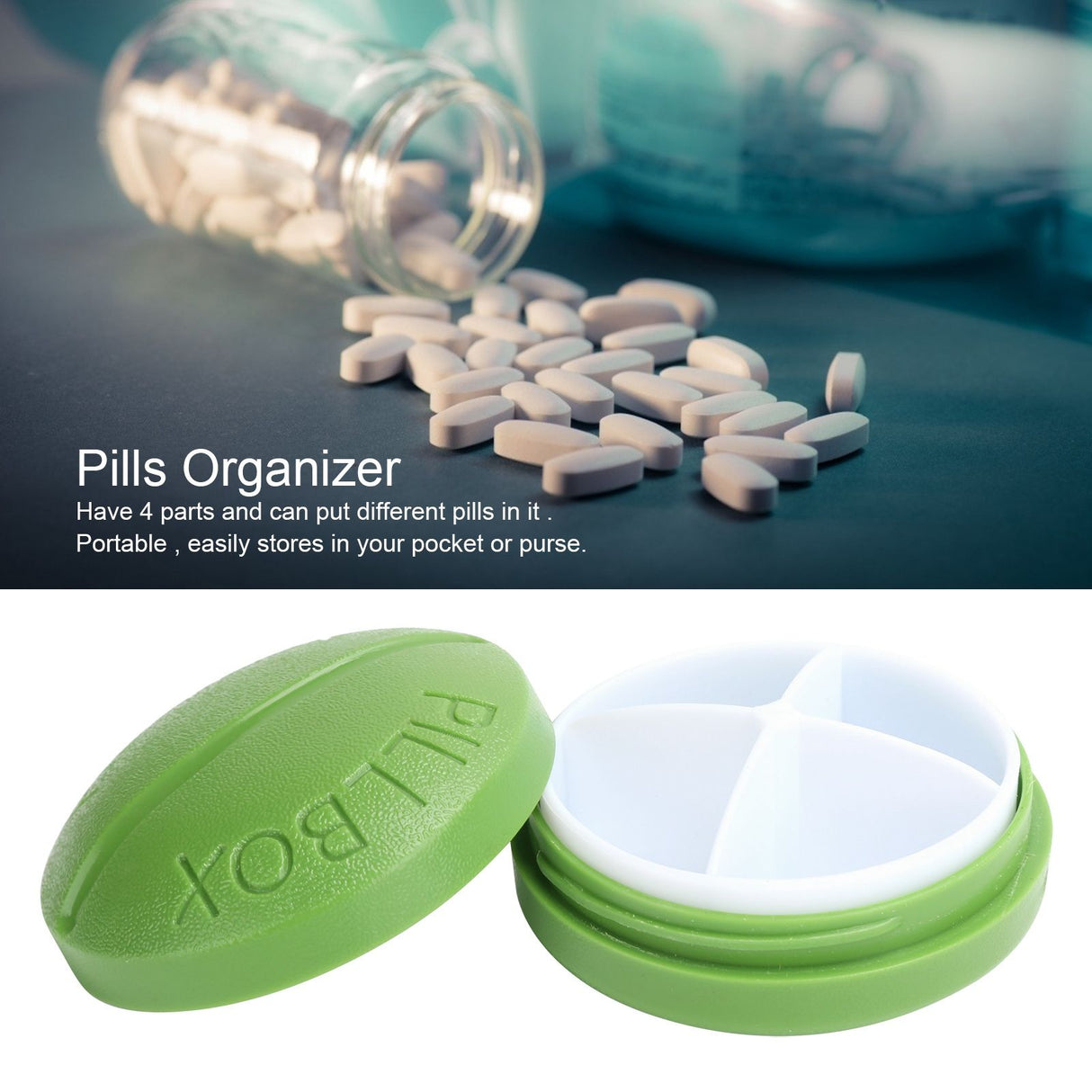 4 Grid Pills Case Round Portable Medicine Box Holder Organizer for Home Travel SuppliesGreen